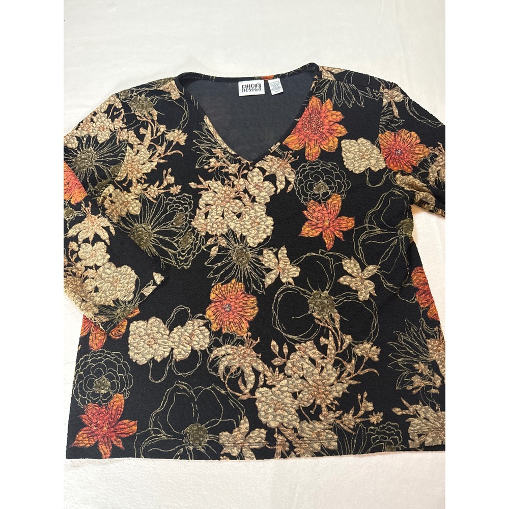 Chicos Design‎ Black Floral Textured V Neck 3/4 Sleeve Top Size 3